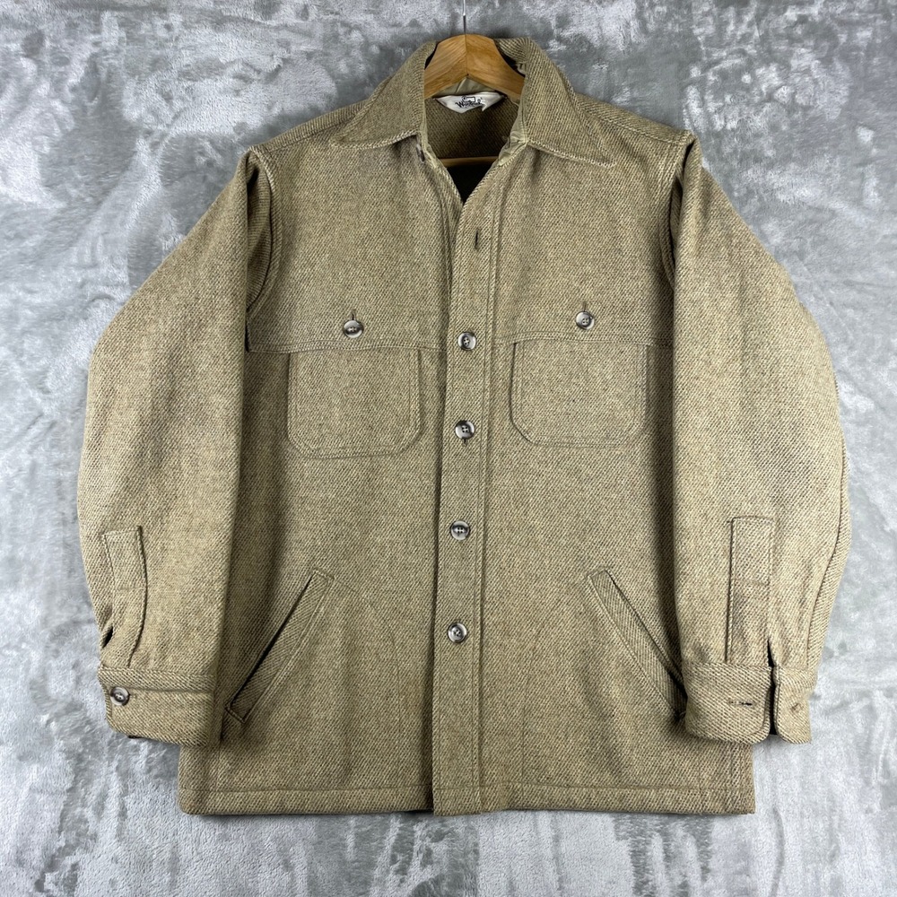 Vintage Woolrich Mackinaw Jacket Mens Medium Tan Wool Heavy Tweed Shacket USA